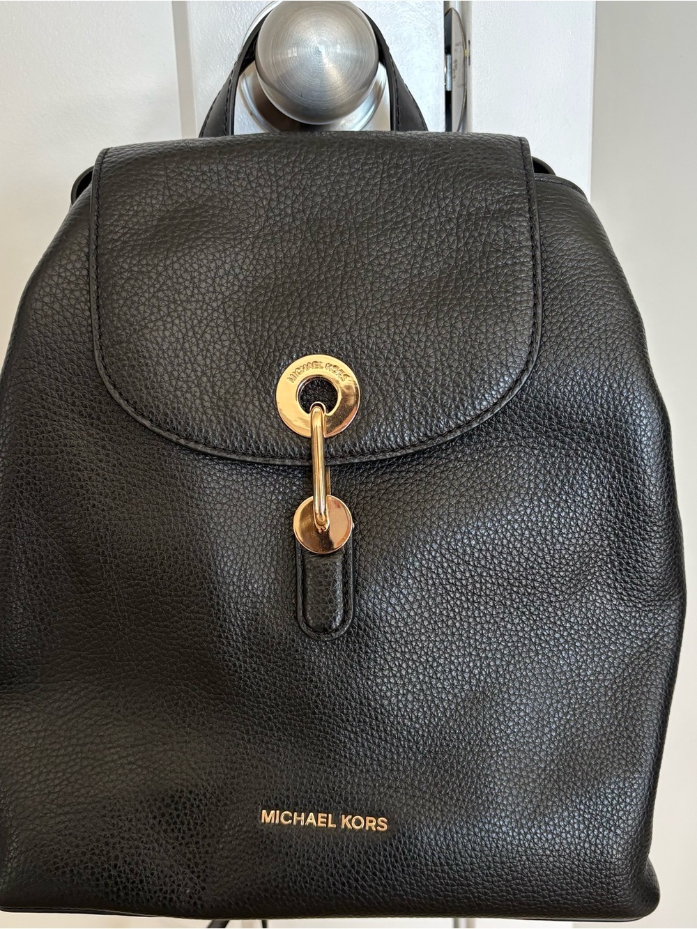 Michael Kors Black Pebbled Leather Drawstring Backpack with Gold Hardware